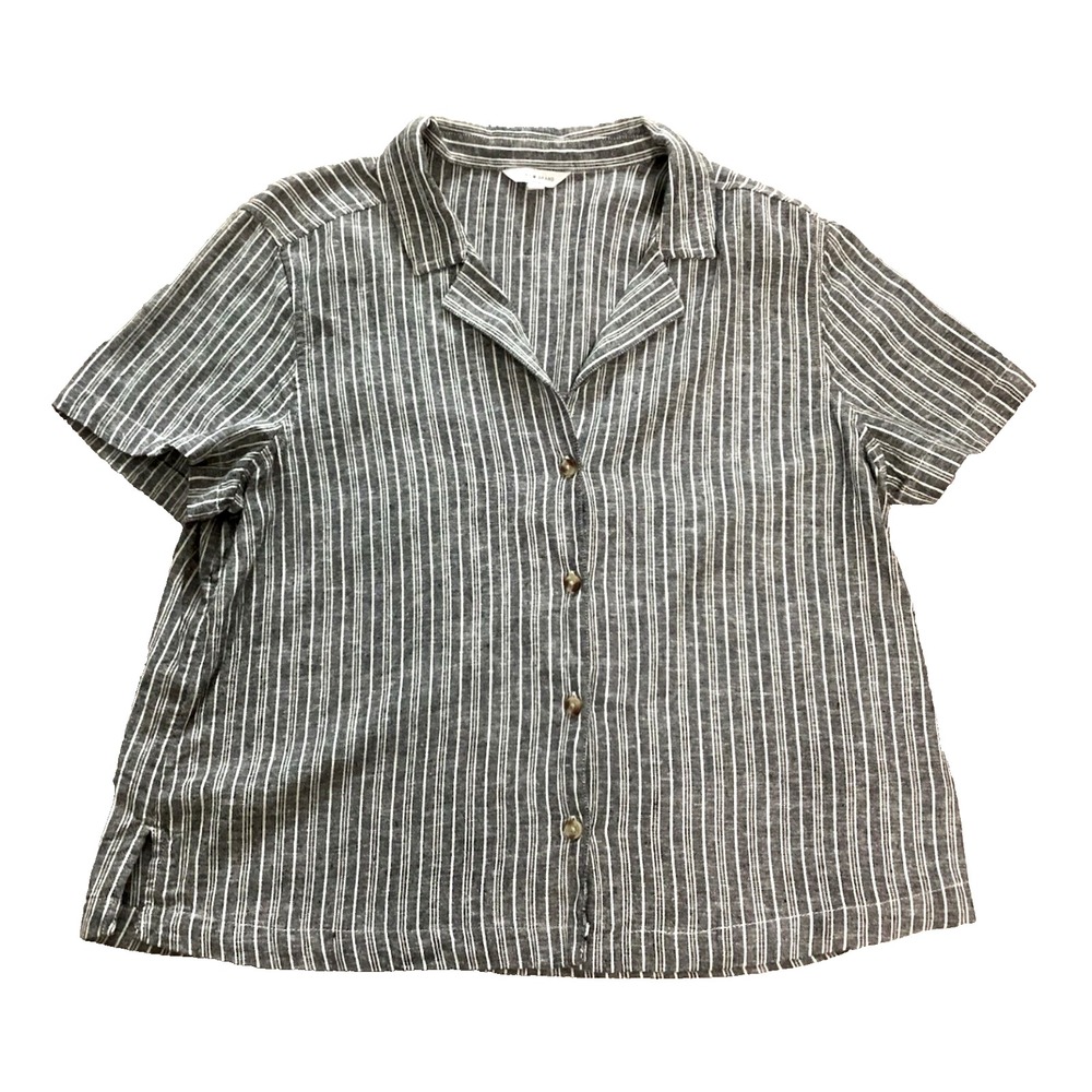 Lucky Brand Linen Striped Button Up Top 1X Cottage Coastal Resort Breathable